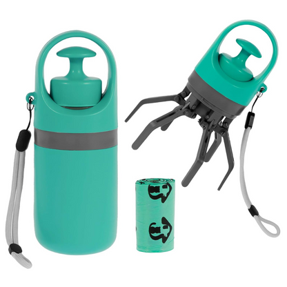 Belro dog poop picker upper claw with garbage bag dispenser, featuring durable plastic tool and attached waste bags for easy cleanup