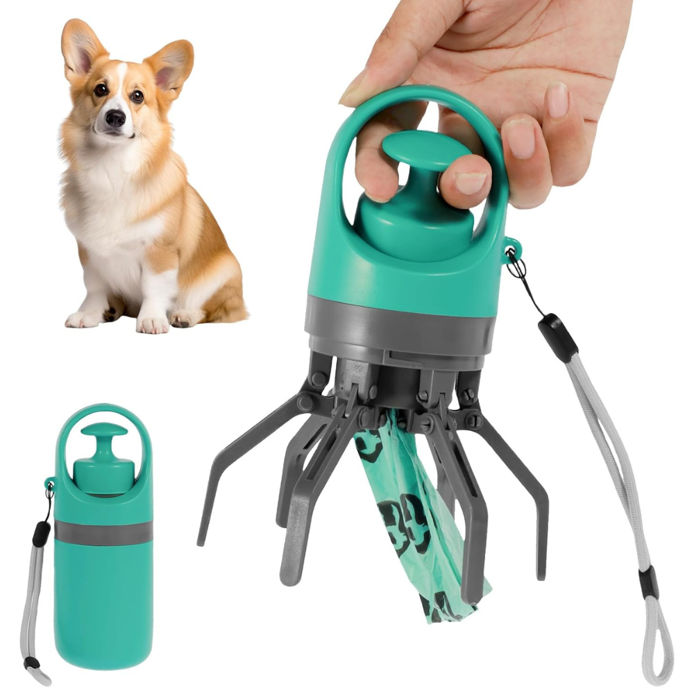 Belro dog poop picker upper claw with garbage bag dispenser, designed for easy cleanup and waste disposal.