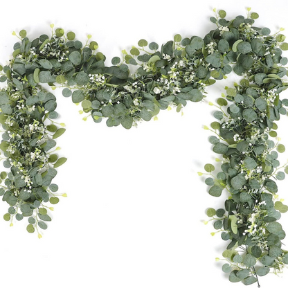 Faux eucalyptus garland by Belro, elegant decorative greenery for home and garden, lush green leaves on a flexible faux stem.