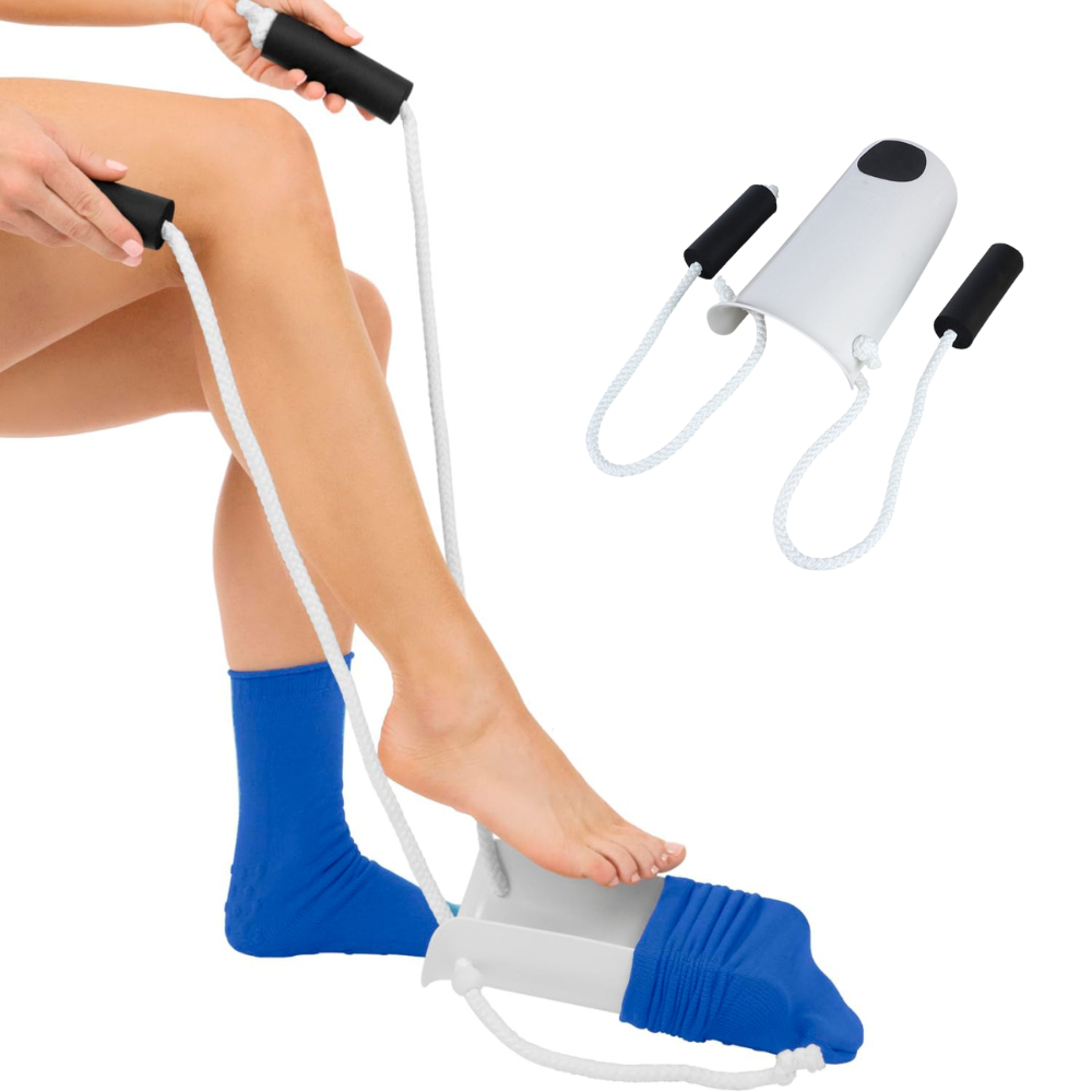 Belro no bend sock wearing device for elderly men, showing a person using the tool to put on socks easily