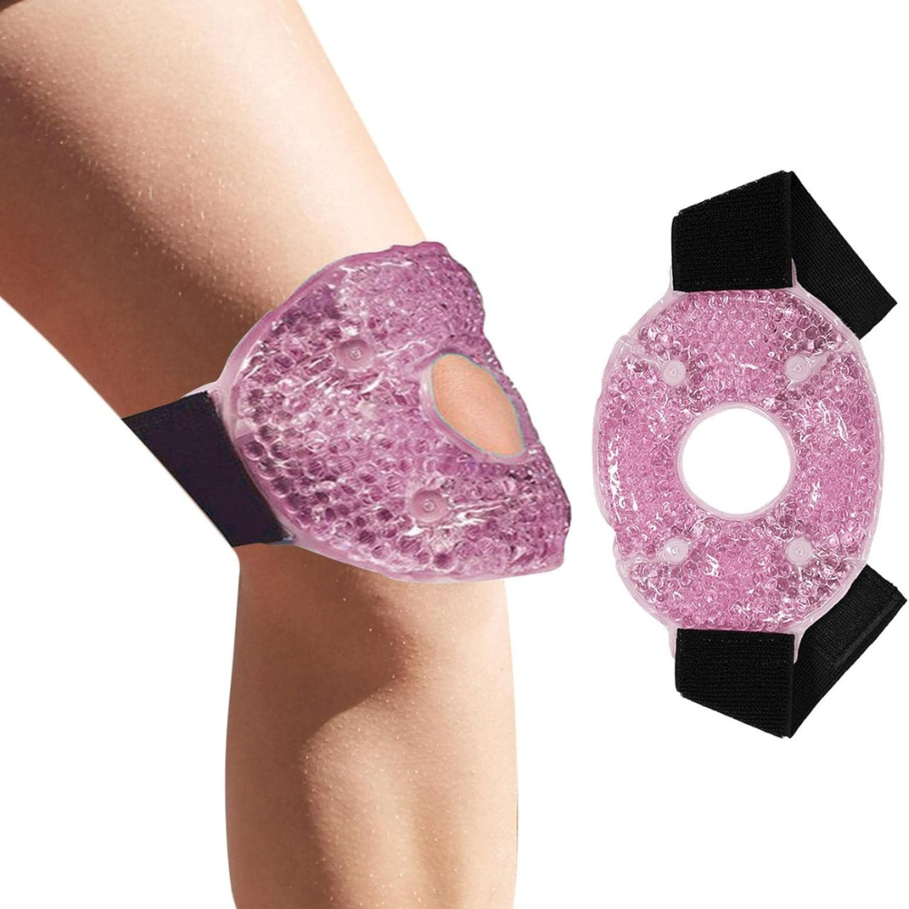 Belro hot or cold gel knee compress with adjustable strap for pain relief and first aid treatment, shown in use on the knee.