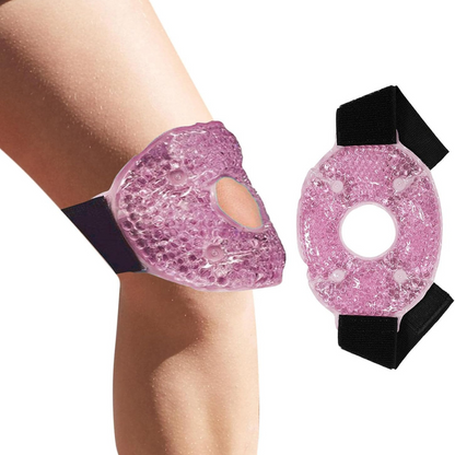 Belro hot or cold gel knee compress with adjustable strap for pain relief and first aid treatment, shown in use on the knee.