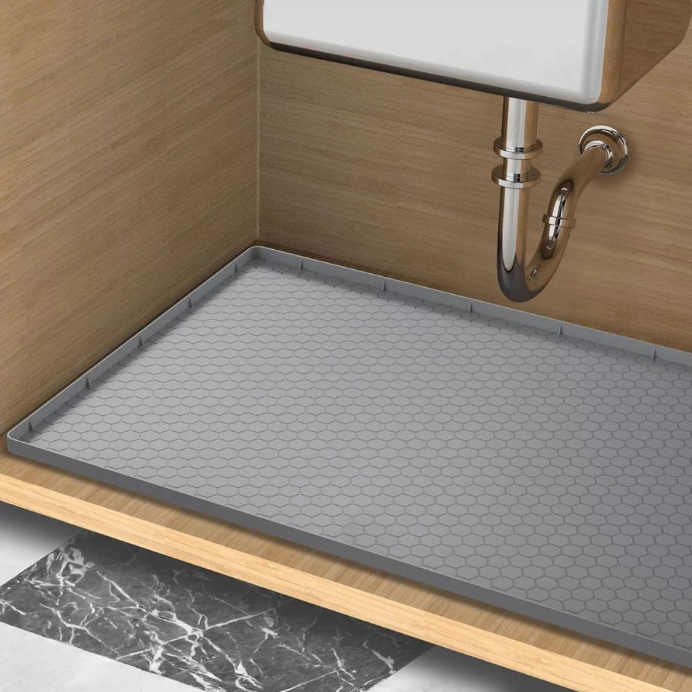 Belro large silicone under kitchen sink mat with protective liner, black, flexible waterproof kitchen and bathroom sink liner