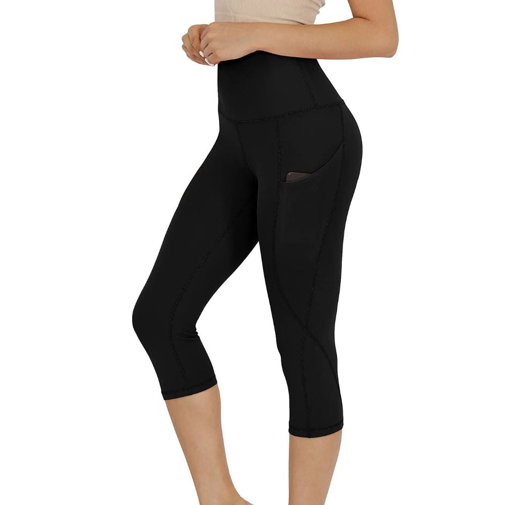 Belro ladies cotton capri leggings with pockets, activewear clothing, featuring a comfortable fit and functional side pockets.