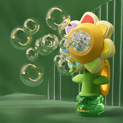 Belro Dancing Sunflower LED Bubble Maker toy showing colorful sunflower design with bubbles and LED lights in outdoor play setting.