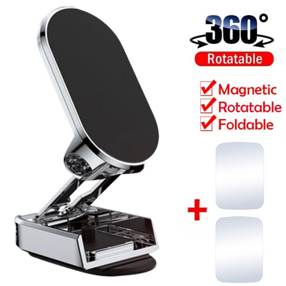 Belro folding magnetic car phone holder mounted on a dashboard with a smartphone attached, showcasing adjustable design and secure grip.
