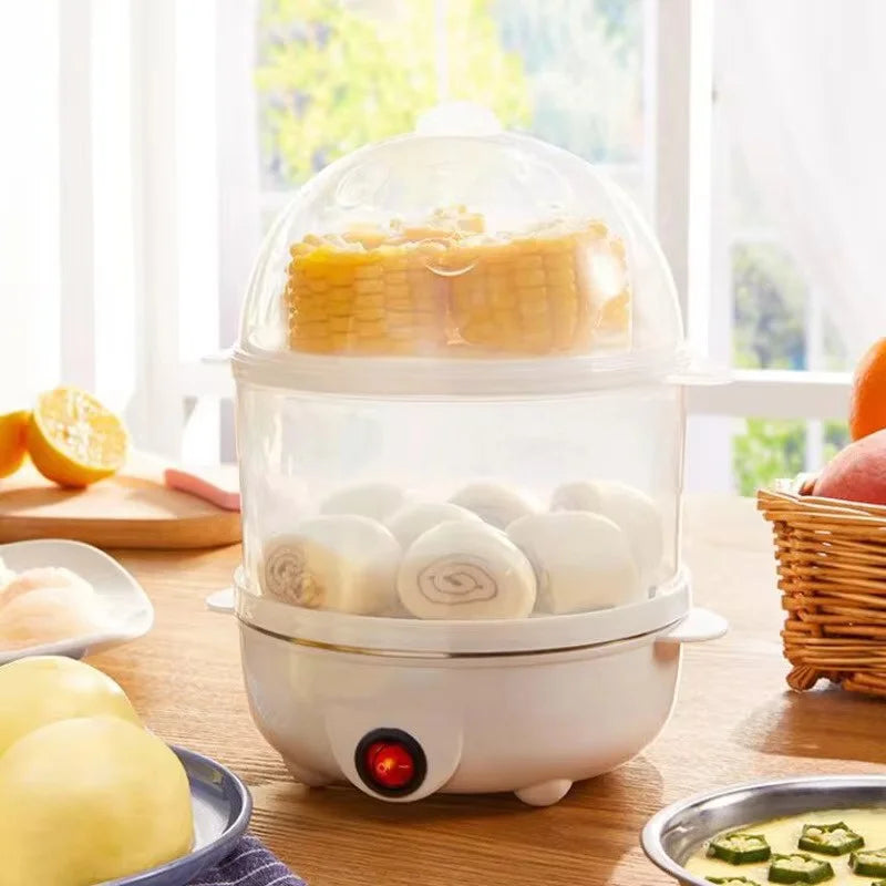 Belro double layer electric egg cooker with stainless steel exterior and transparent lid, showing eggs inside in a kitchen setting.