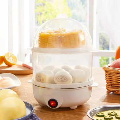Belro double layer electric egg cooker with stainless steel exterior and transparent lid, showing eggs inside in a kitchen setting.