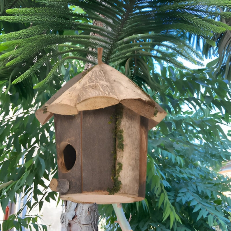 Wooden bird house with hut design, hanging cord, weatherproof finish, suitable for garden bird care by Mivoza.