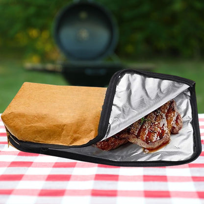 Belro insulated BBQ meat resting blanket bag with handle, designed for keeping cooked meat warm during outdoor grilling.