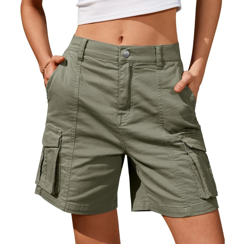 Women's low waist long cargo shorts by Belro, showing dark khaki fabric with multiple side and back pockets.