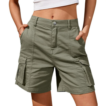 Women's low waist long cargo shorts by Belro, showing dark khaki fabric with multiple side and back pockets.