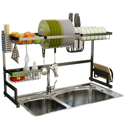 Belro stainless steel black dish drying rack over kitchen sink with draining shelf for dishes and utensils.