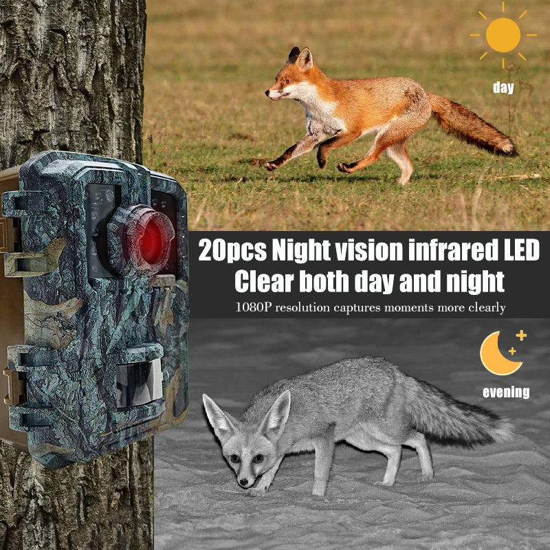 Mini 16MP Belro trail camera with night vision and PIR motion tracking, showing the device mounted outdoors in a wooded area.