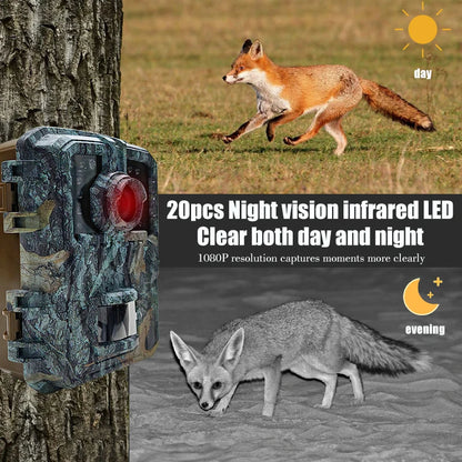 Mini 16MP Belro trail camera with night vision and PIR motion tracking, showing the device mounted outdoors in a wooded area.