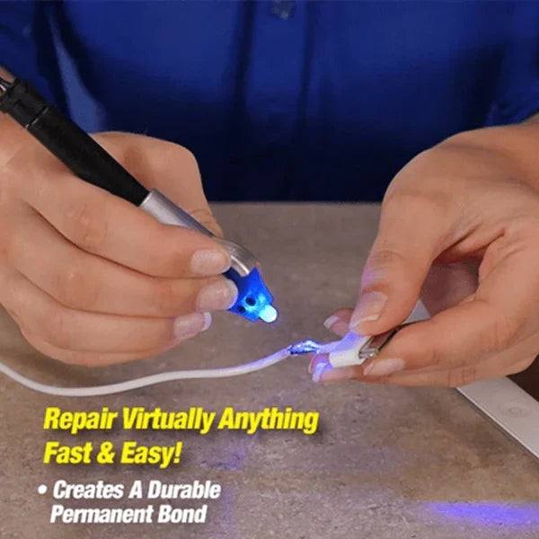 Belro 5 Second Super Glue with UV Light Technology, clear adhesive applied to a small repair surface for quick bonding.