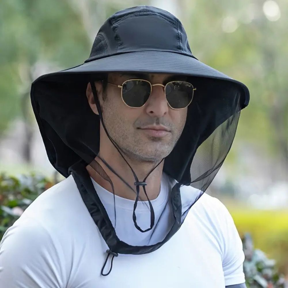 Belro breathable wide brim sun and mosquito protection hat with adjustable chin strap, lightweight and breathable for outdoor use.
