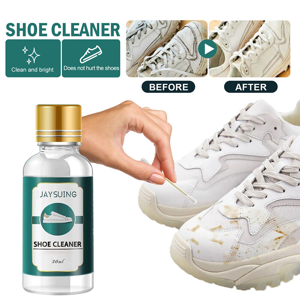 Belro Shoes Whitening Cleaner for men, showing a close-up of the cleaning product and a pair of white shoes being cleaned.
