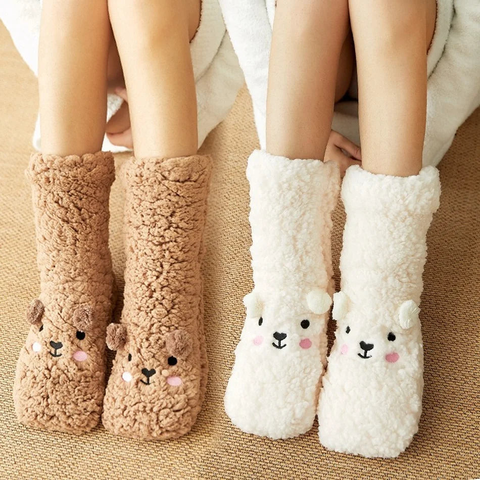 Belro Kawaii Bear Fleece Warm Socks featuring cute bear design, soft fleece material, ideal for cozy winter wear.