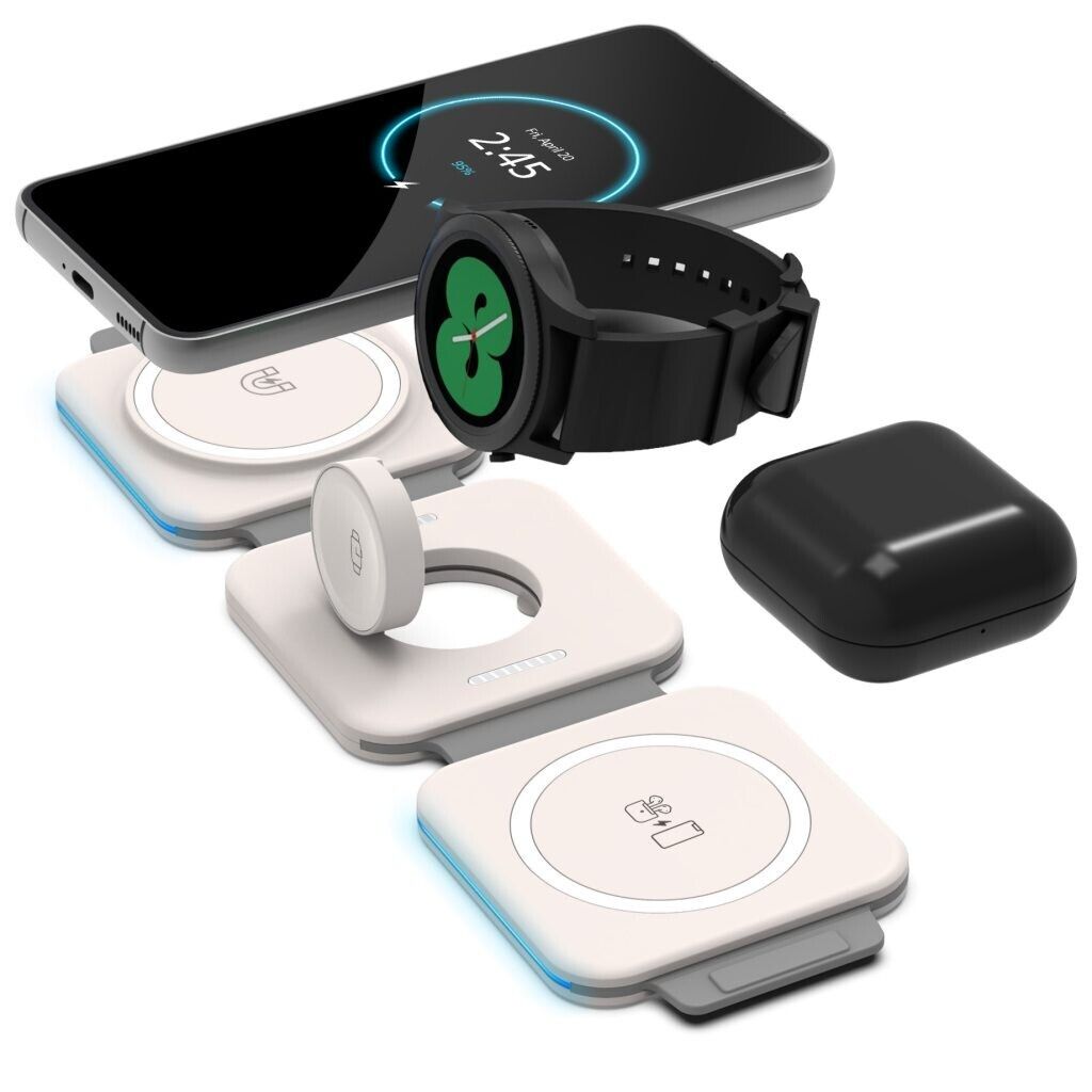 Belro 3-in-1 travel charger with wireless charging pad and multiple ports, compact design for convenient worldwide charging.