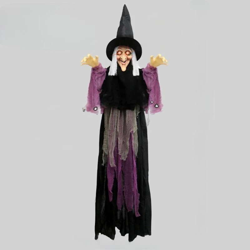 Life size Belro animated Halloween witch costume for men with red eyes, detailed witch dress and spooky facial features.