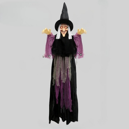 Life size Belro animated Halloween witch costume for men with red eyes, detailed witch dress and spooky facial features.