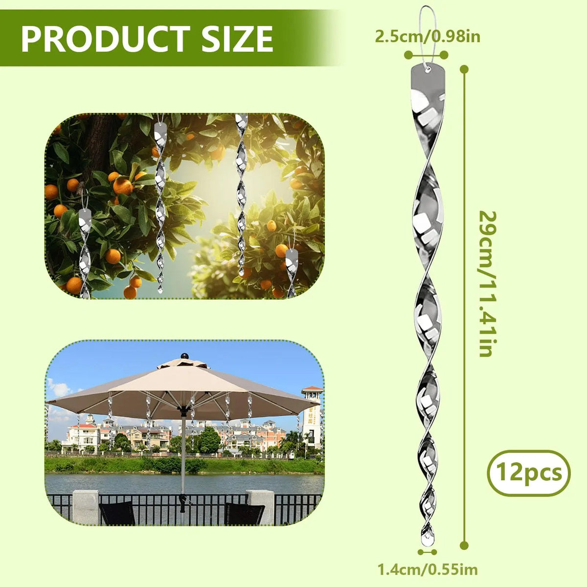 Belro reflective bird deterrent spiral rod for home and garden, designed to scare birds away with shiny, spiral metal design.