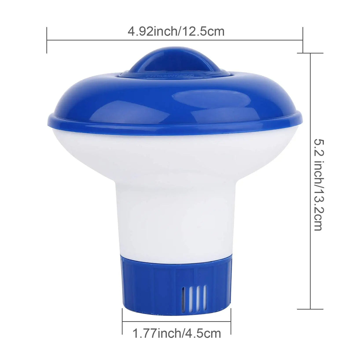 Belro adjustable pool chlorine floater in outdoor garden setting, showing its plastic body and adjustable chlorine dispensing features.