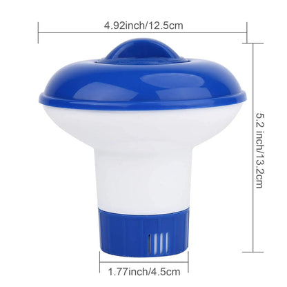 Belro adjustable pool chlorine floater in outdoor garden setting, showing its plastic body and adjustable chlorine dispensing features.