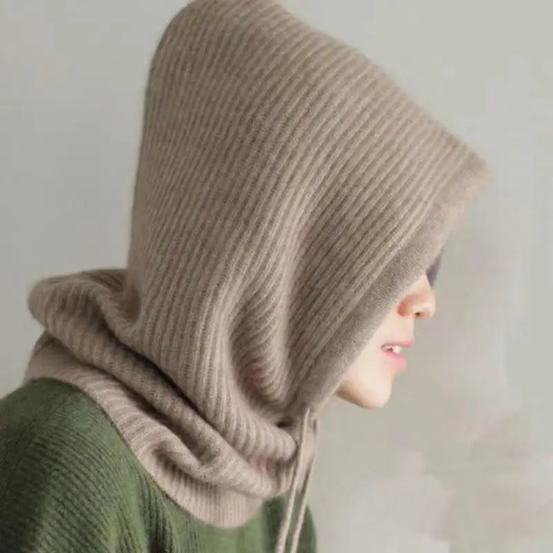 Belro knitted hooded balaclava hat with neck warmer, made for warmth and comfort in cold weather outdoor clothing.