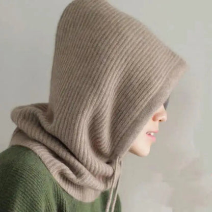 Belro knitted hooded balaclava hat with neck warmer, made for warmth and comfort in cold weather outdoor clothing.