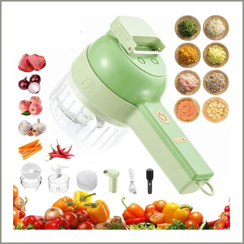 Belro 4-in-1 Electric Food Cutter with stainless steel blades and multiple attachments for slicing, dicing, and chopping in the kitchen.