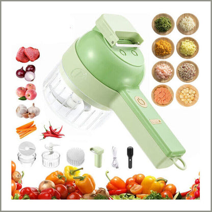 Belro 4-in-1 Electric Food Cutter with stainless steel blades and multiple attachments for slicing, dicing, and chopping in the kitchen.