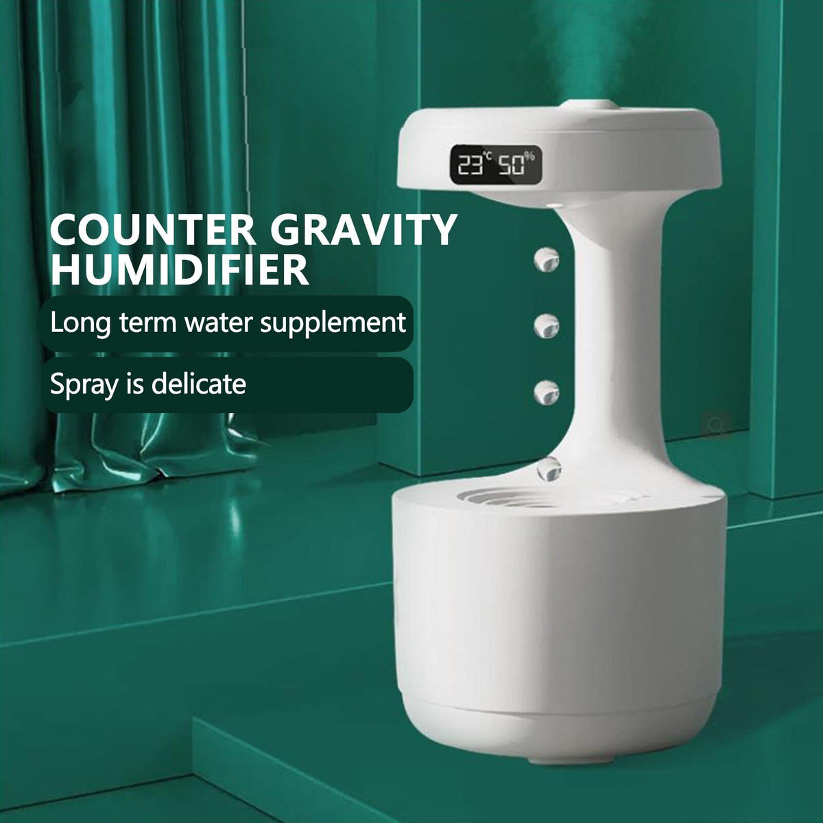 Belro Anti Gravity Humidifier sitting on a wooden surface with a sleek modern design and water tank visible.