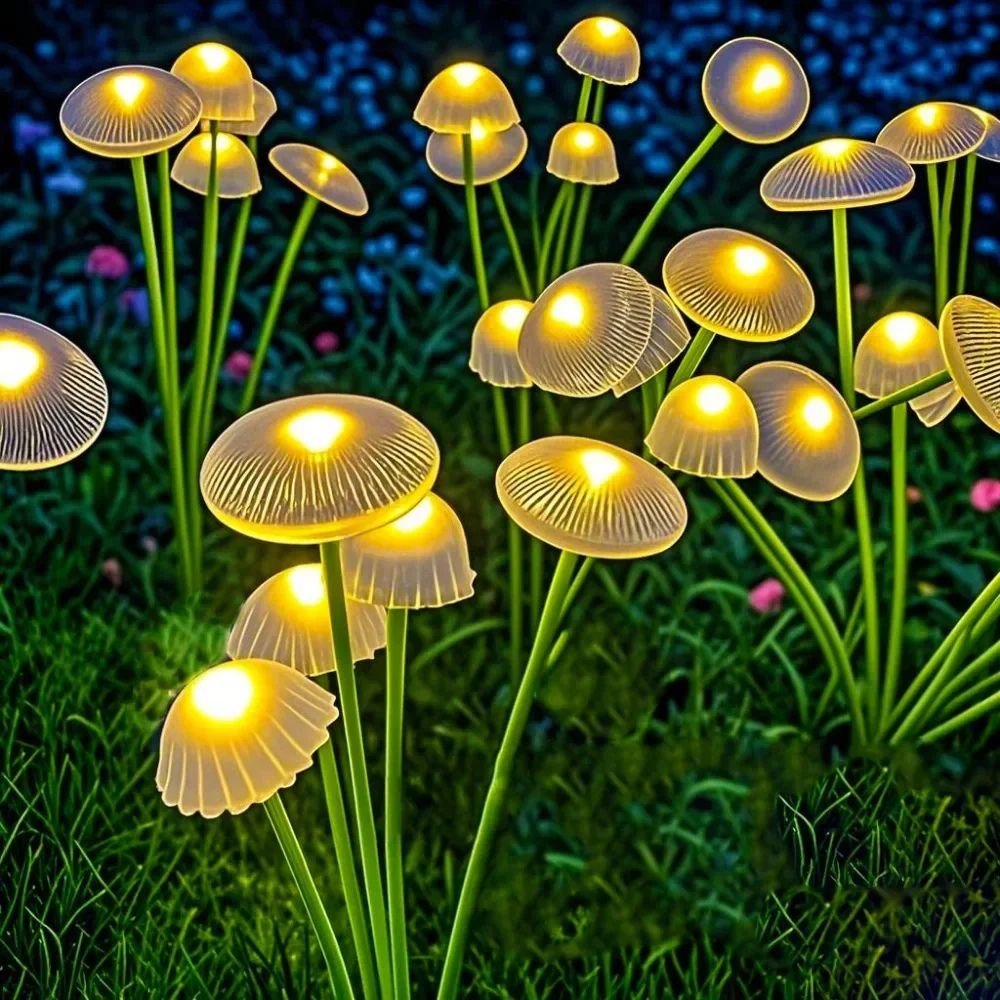 Belro solar swaying mushroom garden decor lights in outdoor yard, illuminated at dusk with colorful mushroom shapes and gentle movement.