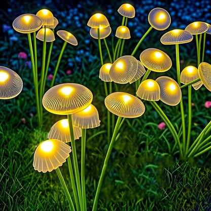 Belro solar swaying mushroom garden decor lights in outdoor yard, illuminated at dusk with colorful mushroom shapes and gentle movement.