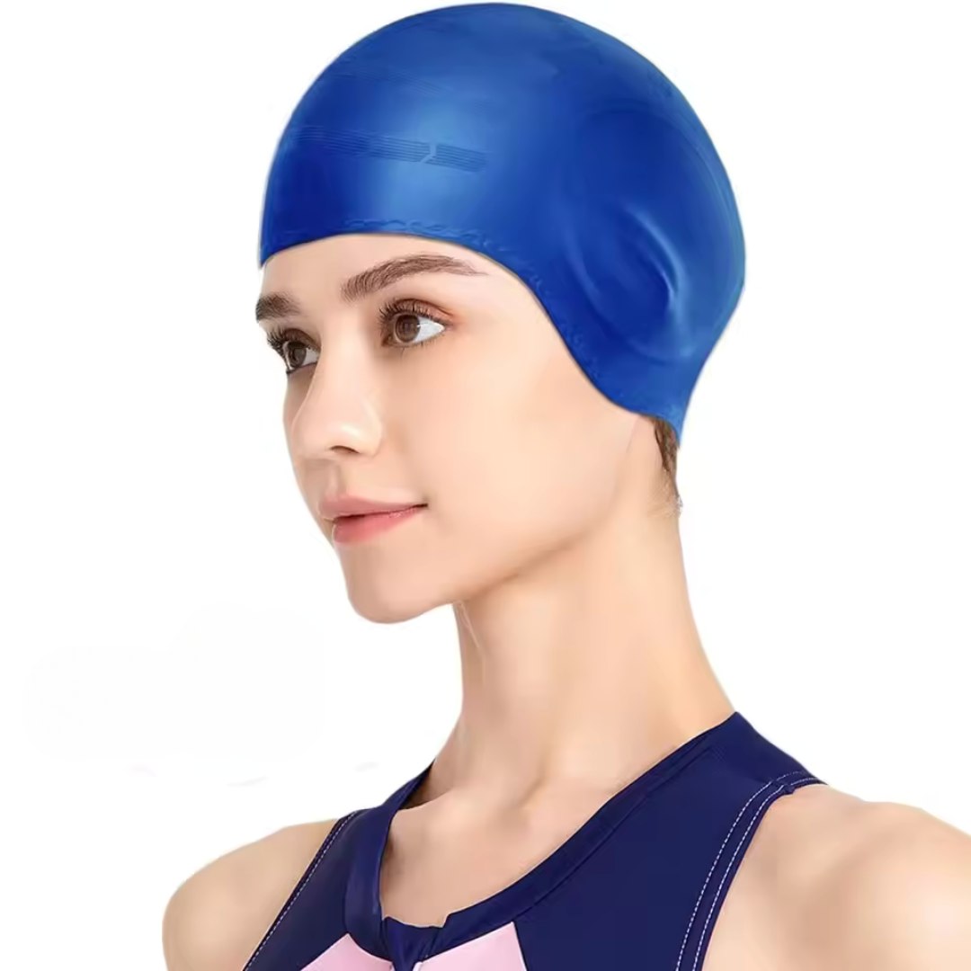 BowLift silicone swim cap with ear protection, waterproof HydroFit design, fits snugly for comfortable swimming and ear safety.