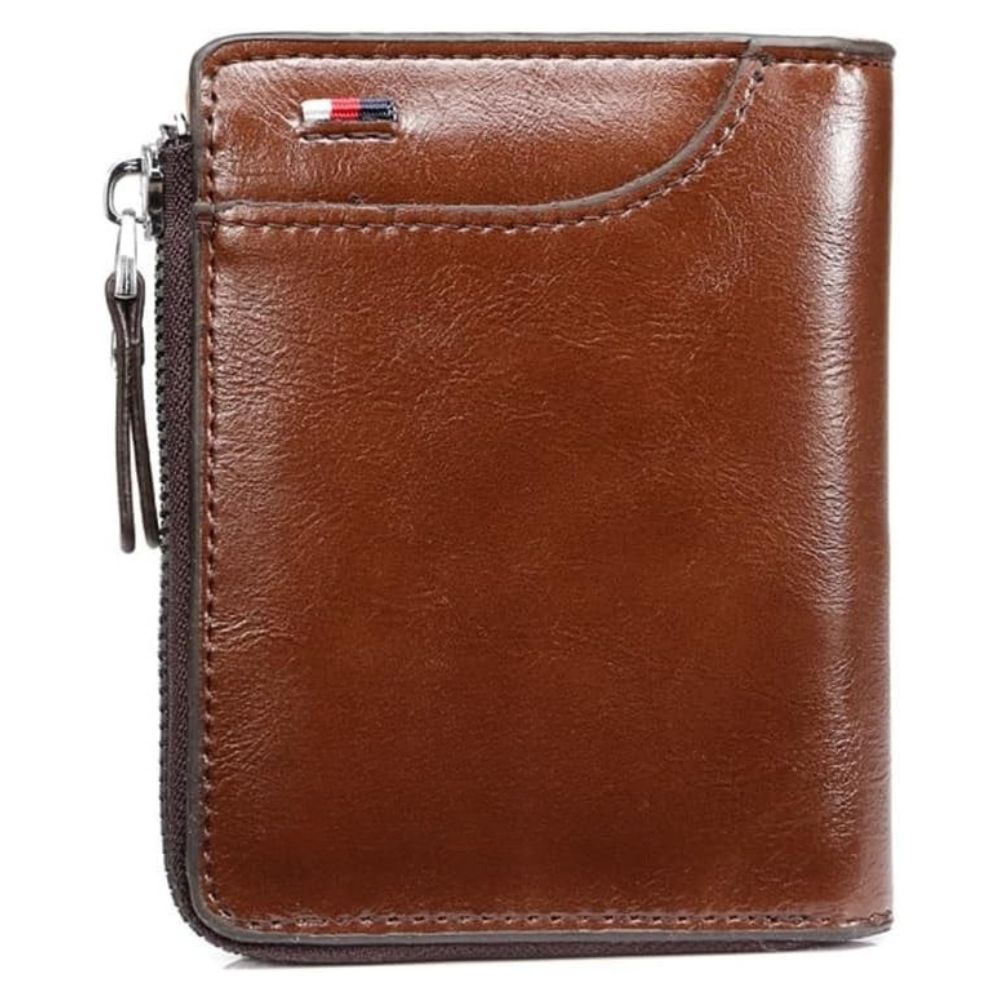 Belro men's RFID blocking wallet with zipper, multi-credit card holder in khaki, brown, and black leather accessories.