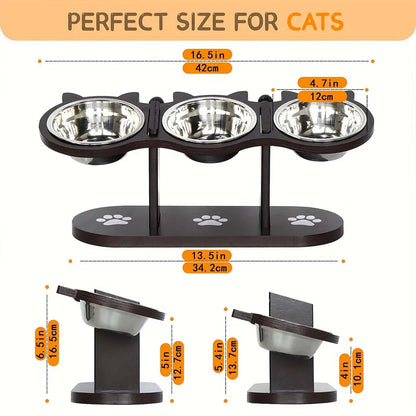 Elevated Belro cat bowl with three stainless steel dishes for feeding and watering pets, set on a sturdy stand.