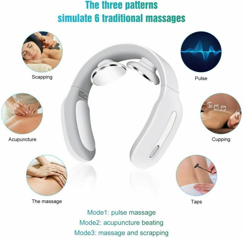 Belro Pulse & Heat Intelligent Neck Massager showing a user wearing the device around the neck for soothing relief.