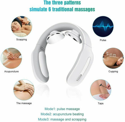 Belro Pulse & Heat Intelligent Neck Massager showing a user wearing the device around the neck for soothing relief.