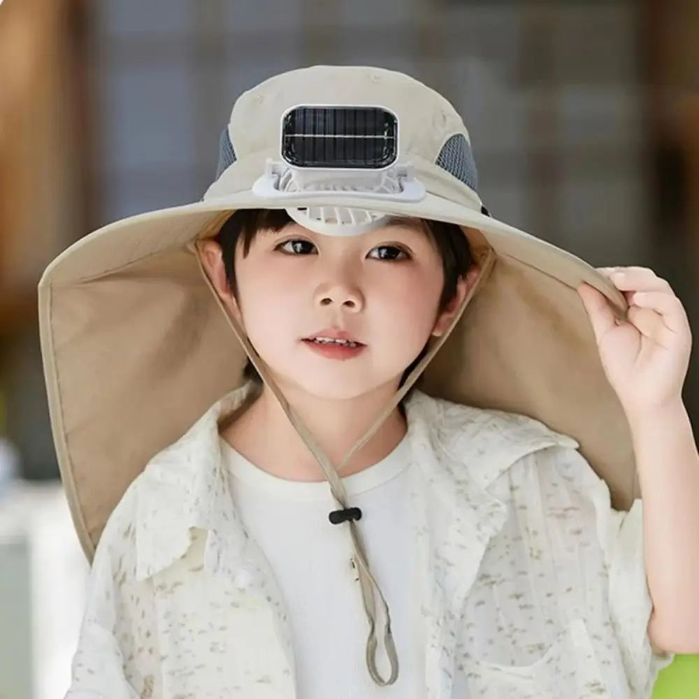 Adjustable kids solar fan hat by Belro with built-in solar-powered fan, lightweight sun hat for children, outdoor summer accessory.