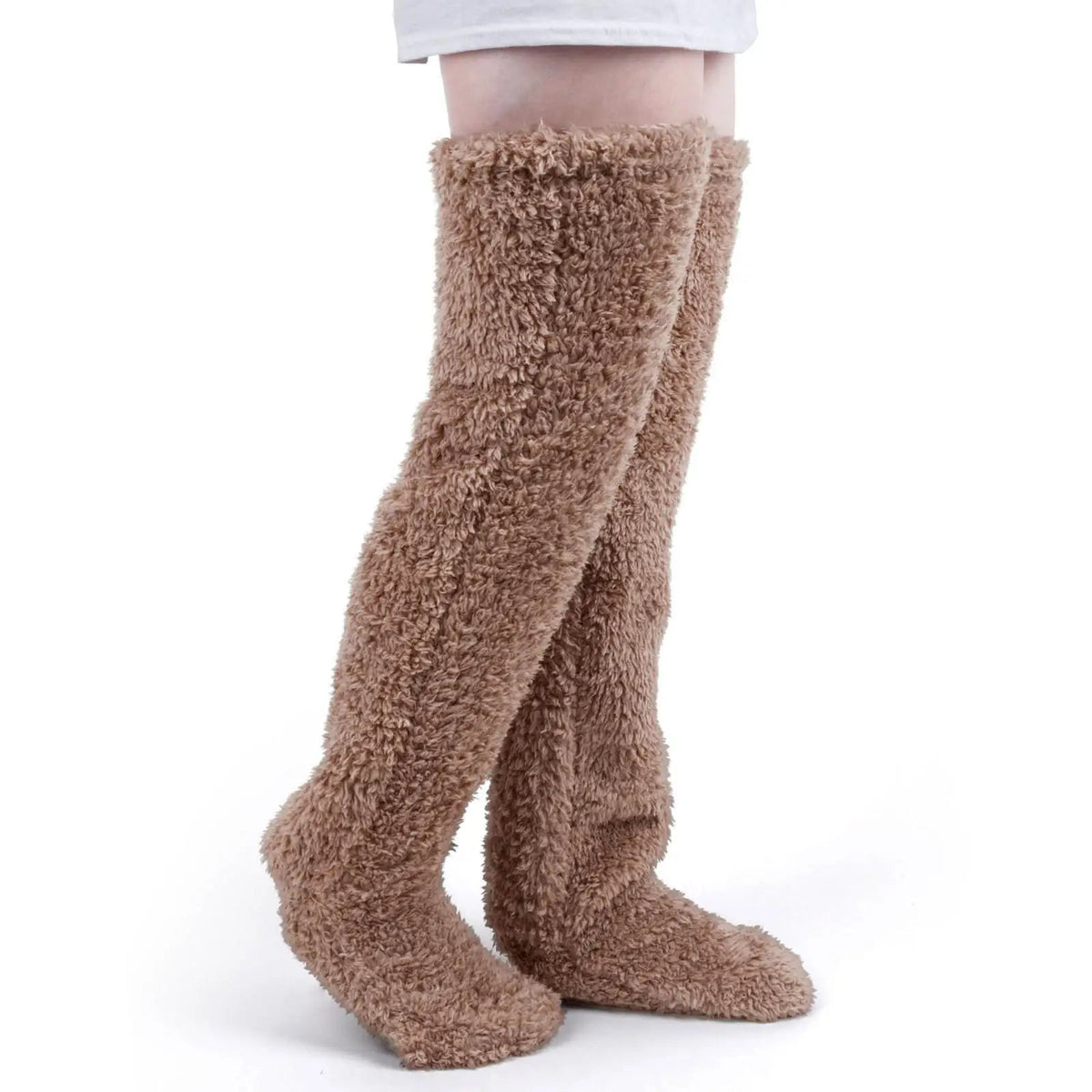 Belro fuzzy thigh-high warm socks displayed on a model, showcasing soft, cozy fabric ideal for cold weather.