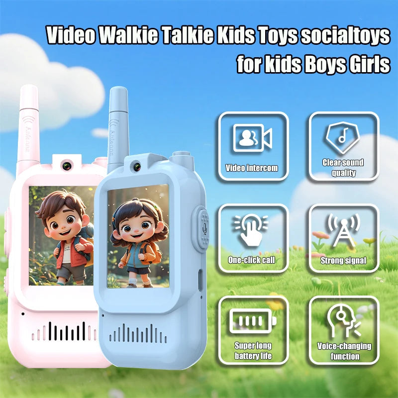 Two Belro children's video walkie talkies in bright colors, compact electronic audio devices for kids' communication.