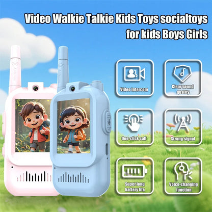 Two Belro children's video walkie talkies in bright colors, compact electronic audio devices for kids' communication.