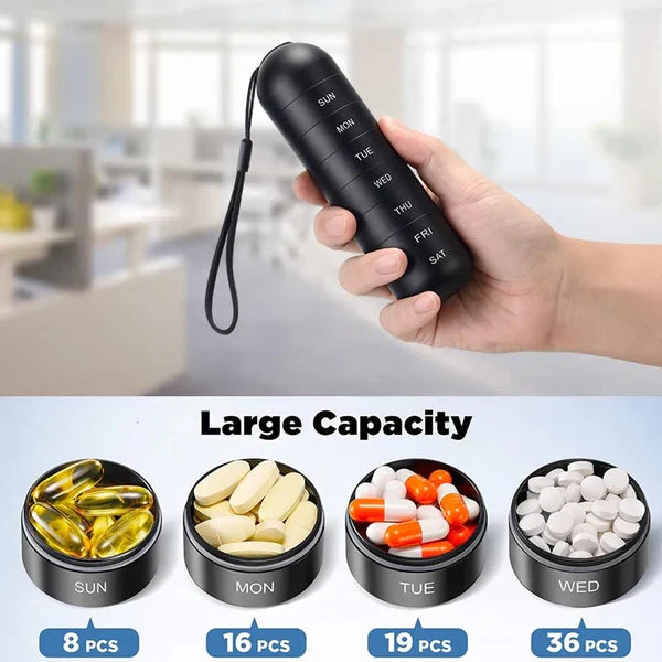 Belro aluminum 7-day portable pill organizer with individual compartments, compact travel-friendly pill box for daily medication.