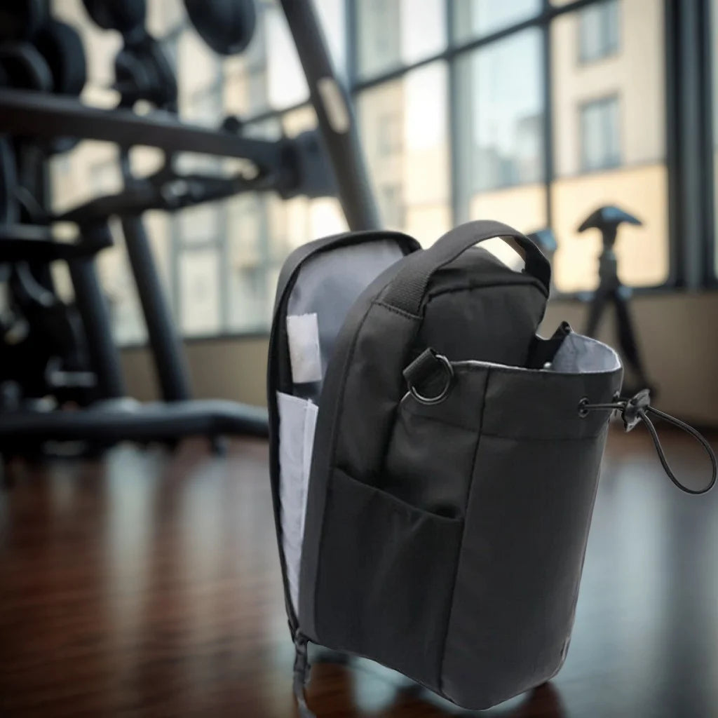 Belro Magnetic Multi-Way Fitness Water Bottle Bag showing adjustable straps and water bottle holder in a sleek bag design.