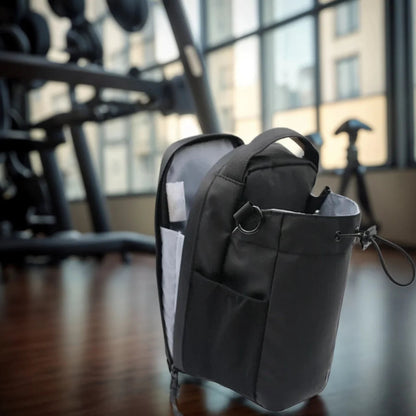 Belro Magnetic Multi-Way Fitness Water Bottle Bag showing adjustable straps and water bottle holder in a sleek bag design.
