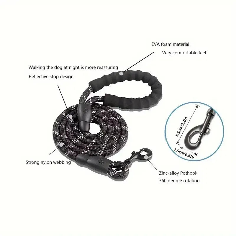 Reflective dog leash with padded handle by Belro, featuring a sturdy nylon strap and reflective stitching for nighttime visibility.