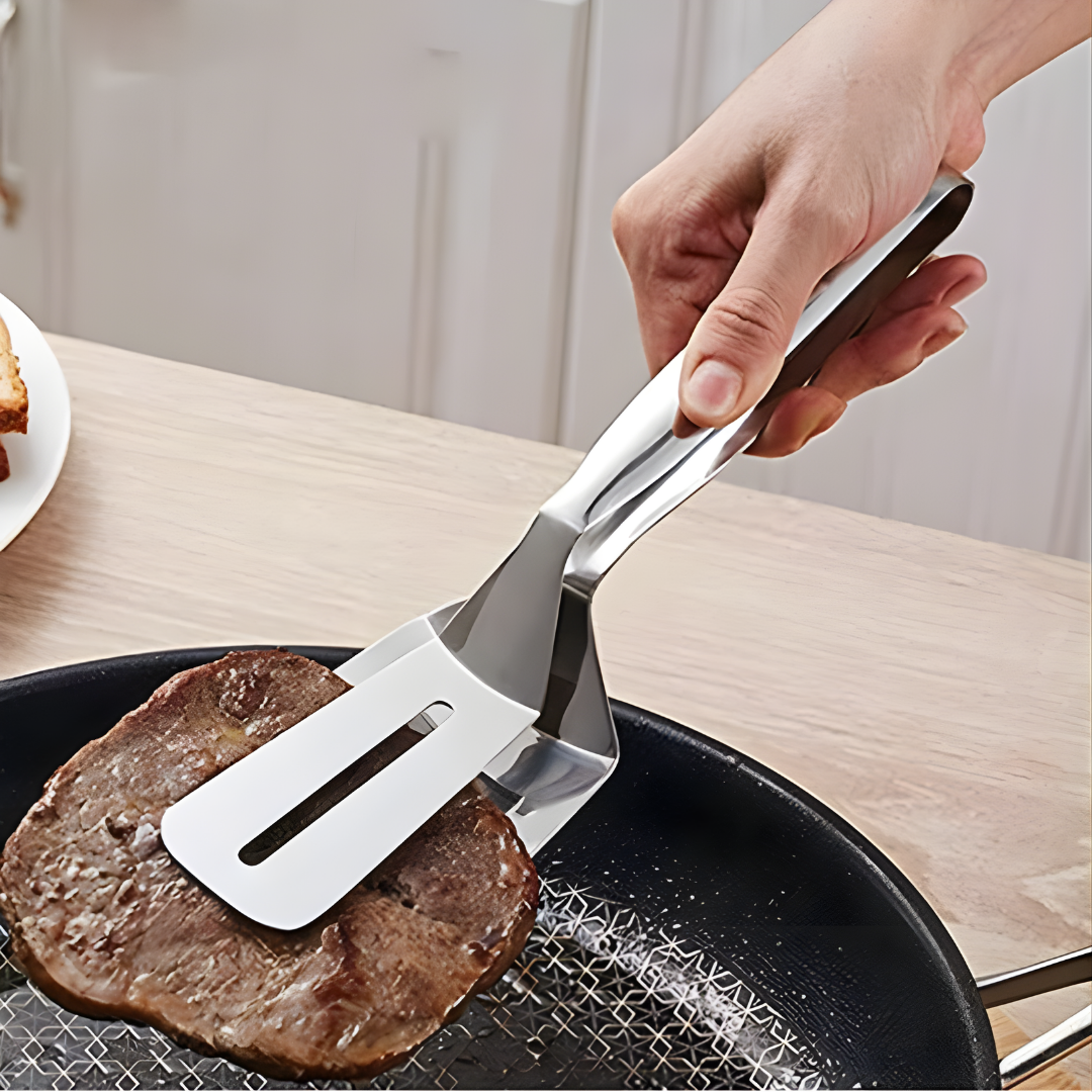 Mivoza stainless steel spatula tongs, versatile 2-in-1 kitchen tool for flipping and gripping food during cooking.